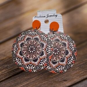 Boho Chic Orange Wood Dangle Earrings Floral Mandala Ring Wooden Circle Drop NWT